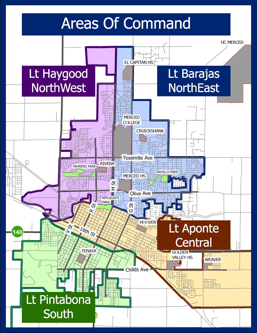 Areas of Command Map: Lieutenant Haygood, Northwest; Lieutenant Barajas, Northeast; Lieutenant Pintabona, South; Lieutenant Aponte, Central