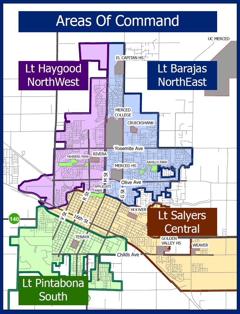 Areas of Command Map: Lieutenant Haygood, Northwest; Lieutenant Barajas, Northeast; Lieutenant Pintabona, South; Lieutenant Salyers, Central