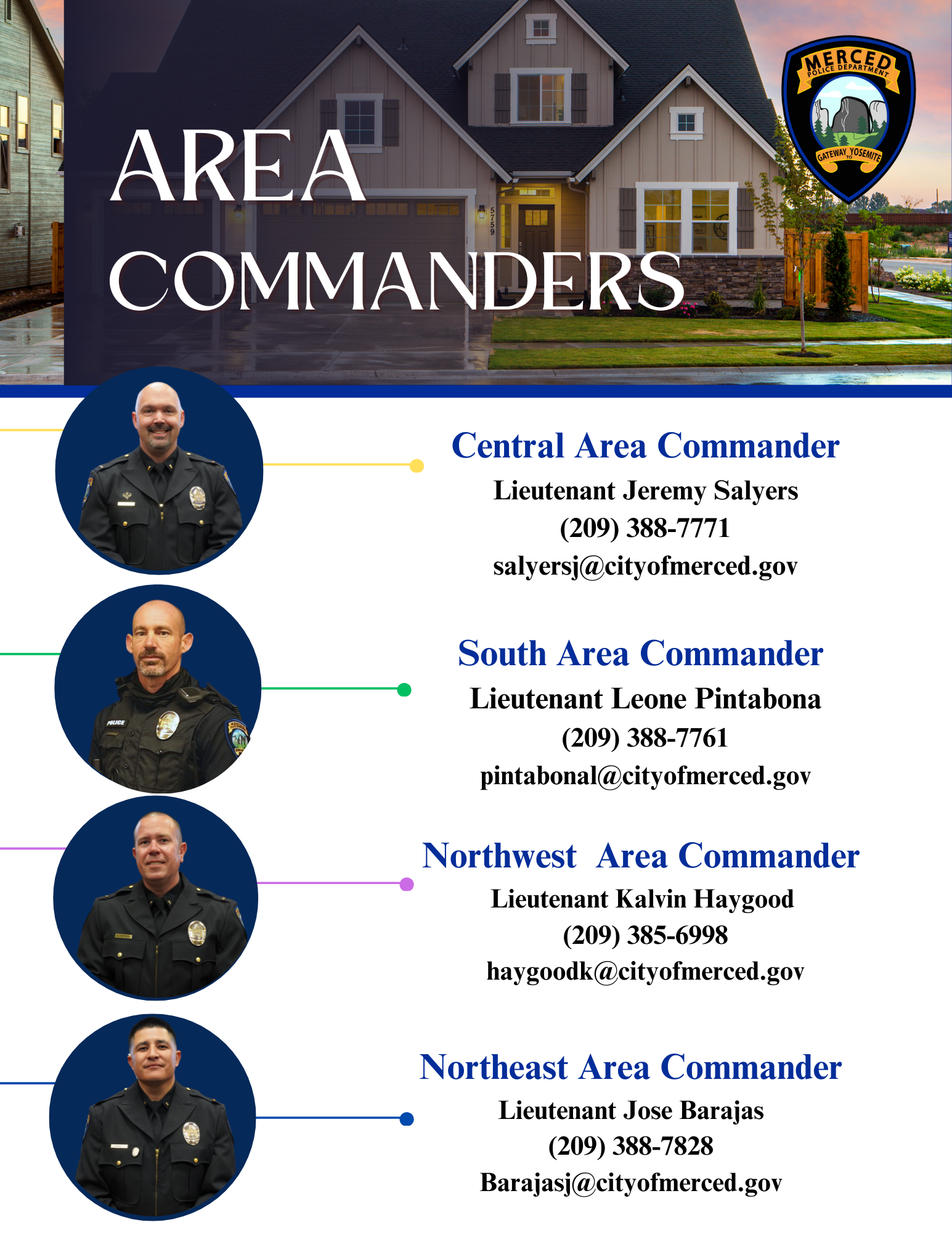 Area Commanders: Central Area Commander, Lieutenant Jeremy Salyers, (209) 388-7771, salyersj@cityofmerced.org; South Area Commander, Lieutenant Leone Pintabona, (209) 388-7761,pintabonal@cityofmerced.org; Northwest Area Commander, Lieutenant Kalvin Haygood, (209) 385-6998,haygoodk@cityofmerced.org; Northeast Area Commander, Lieutenant Jose Barajas, (209) 388-7828,dabneyd@cityofmerced.org