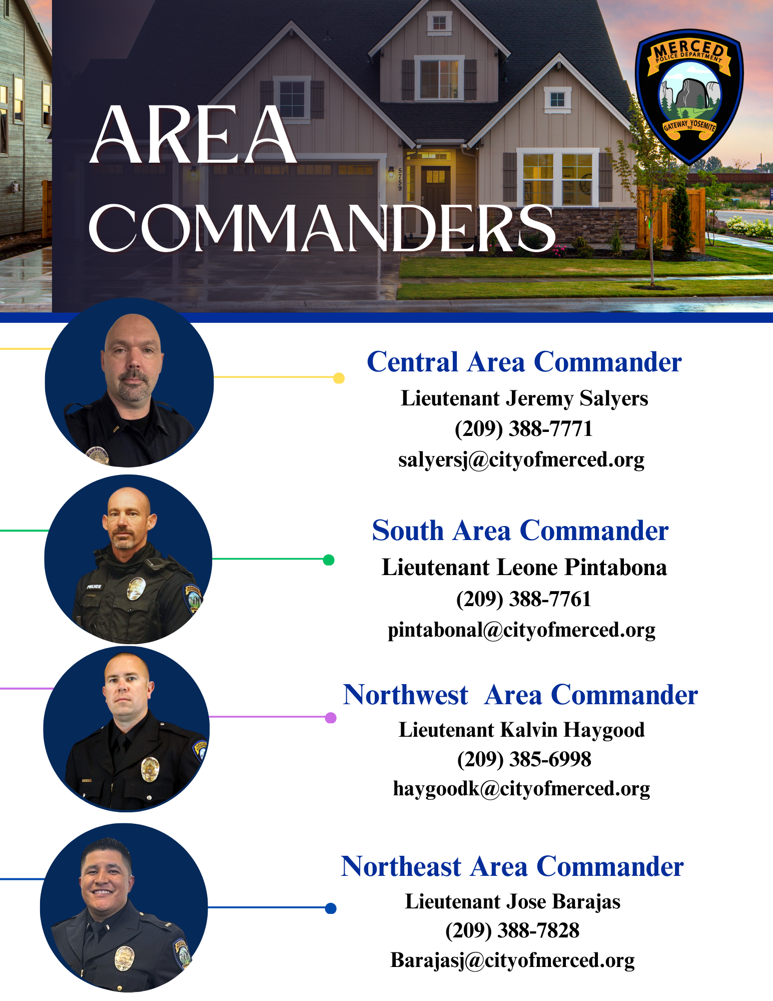 Area Commanders: Central Area Commander, Lieutenant Jeremy Salyers, (209) 388-7771, salyersj@cityofmerced.org; South Area Commander, Lieutenant Leone Pintabona, (209) 388-7761,pintabonal@cityofmerced.org; Northwest Area Commander, Lieutenant Kalvin Haygood, (209) 385-6998,haygoodk@cityofmerced.org; Northeast Area Commander, Lieutenant Jose Barajas, (209) 388-7828,dabneyd@cityofmerced.org